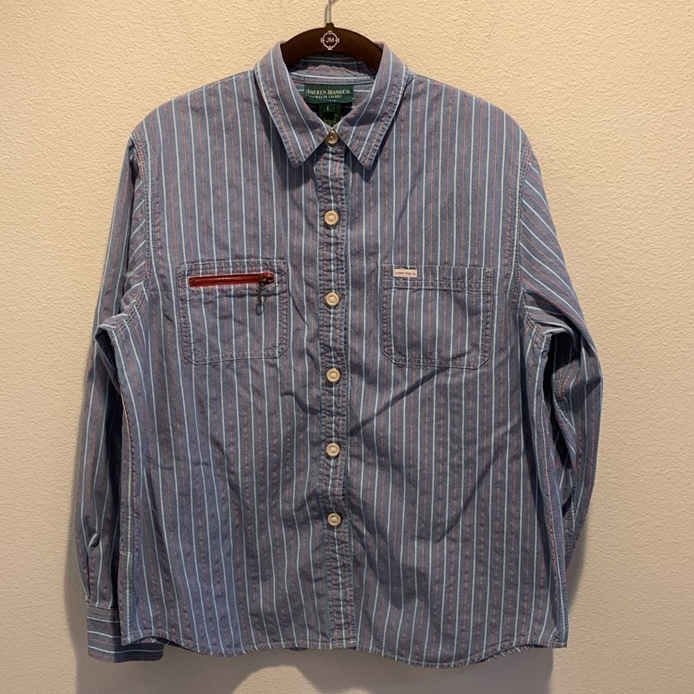 VTG Lauren Jeans Co. Ralph Lauren  Womens Blue Jean Shirt w/Red&White stripes L.